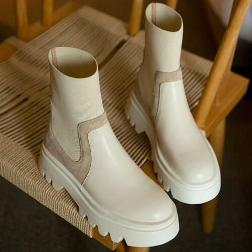2021 Women Boots Winter Women Shoes Stretch Flock Ankle Boots for Women Zapatos De Mujer Womens Thick Heel Slip-On Stretch Boots