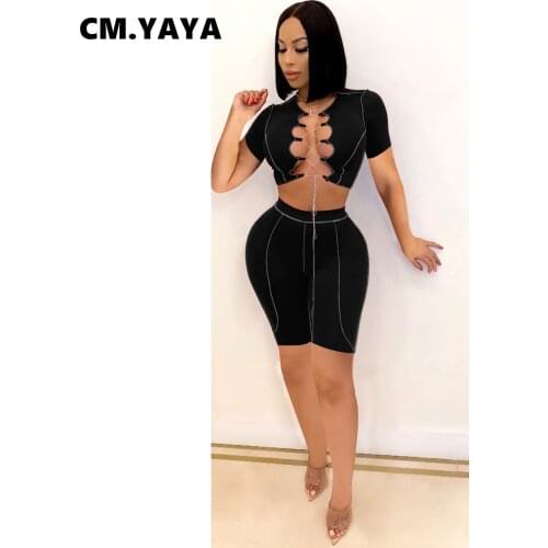 CM.YAYA Women Set Solid Crisscross Lace Up Hollow Out Crop Tops Elastic Shorts 2 Two Piece Sets Tracksuit Sweatsuit Outfit 2021