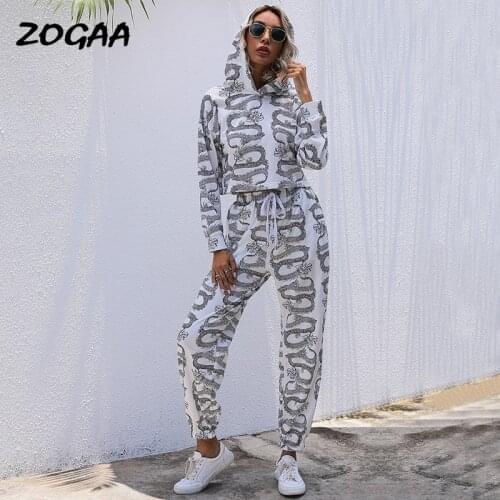 ZOGAA Set Women Hot Sale Casual Chinese Style Printed Hooded Sweater Suit Spring New Womens Clothing All-match Streetwear Chic