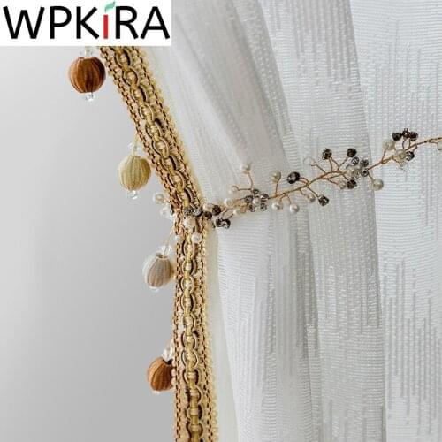 Gold Bead Lacework White Sheer Curtain Nordic Light Luxury Geometric Wave Tulle for Living room Translucent Window Drapes AD793E