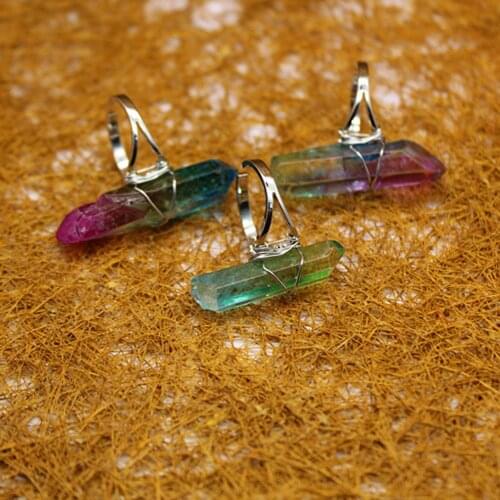 12pcs Natural Stone Agates Titanium Rainbow Crystal Quartz Rings copper Wire Handmade Wrap Treat Ring for Women Jewelry Free