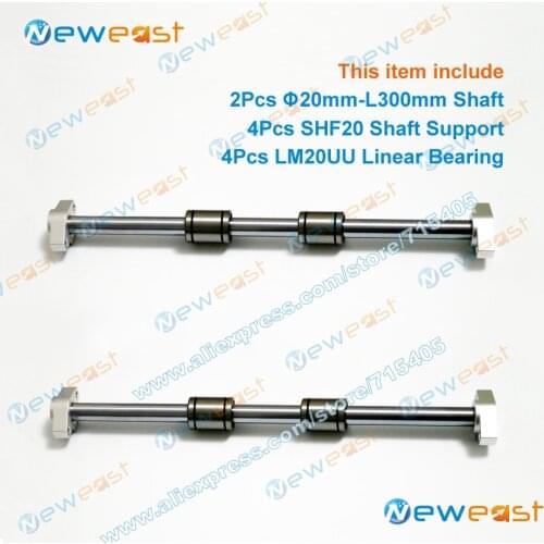 2Pcs diameter 20mm x 300mm Linear Shaft Hardened Rod + 4Pcs SHF20 20mm shaft rail support + 4Pcs LM20UU bearing