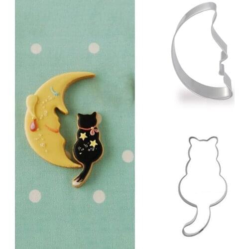 2pcs patisserie reposteria Moon Cat Stainless Steel Cookie Cutters Fondant Cake Decor Tools Pastry Biscuit Mold Bakeware Kitchen