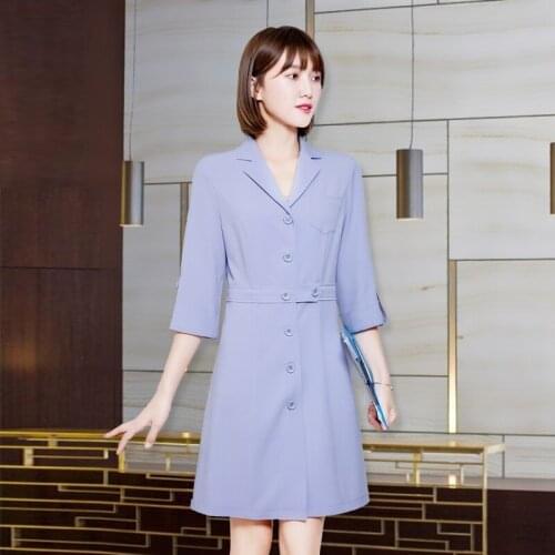 2020 Beautiful Uniform Beautician Uniforms Dresses Short Sleeve Pocket White Black Spa Dress Beauty Salon Uniform AS333