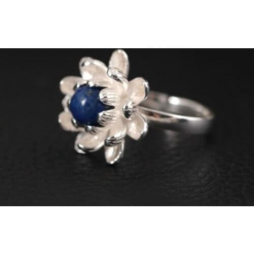 925 Sterling Silver Rings for Women Lapis Lazuli Ring Gold Plated Lotus Pearl Rings Vintage Resizable Female Fine Jewelry