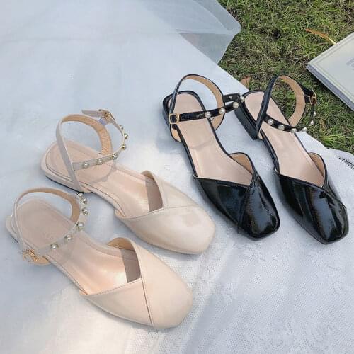 2021 Fashion PU Baotou Square Heel Sandals Female Buckle Strap Single Shoes Korean Version Wild Fairy Flat Shoes Large Size