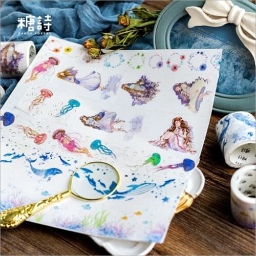 Dreamlike jellyfish sea world blue whale sea girl decoration washi tape DIY planner scrapbooking diary album masking tape escola