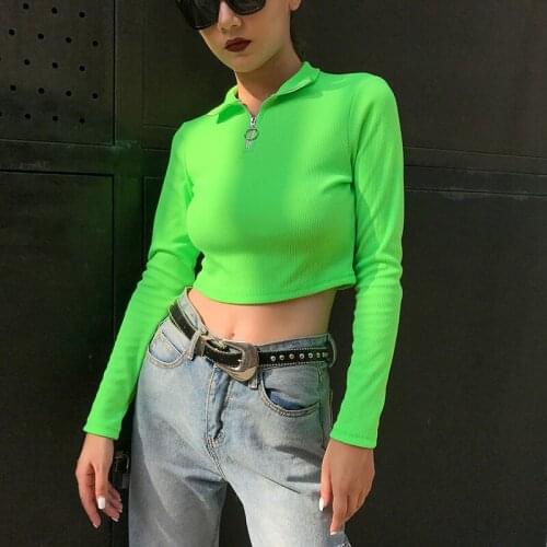 Palace Long-sleeved T-shirt Womens European and American Burst 2020 Autumn Womens Fluorescent Knitted Collar Short T-shirt