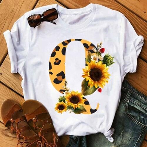 Leopard Sunflower Print T Shirt Women Fashion T Shirt Custom Name Letter Combination Font A B C D E Ladies Short Sleeve Tops Tee