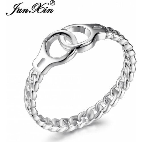 JUNXIN Dainty Handcuff Ring White Gold Filled Thin Chain Ring Simple Stackable Midi Rings For Women Minimalist Jewelry