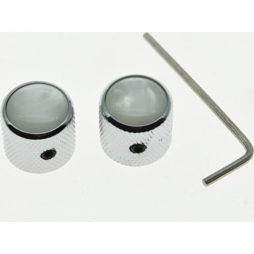KAISH 2x Set Screw Pearl Top Chrome/Black Guitar Dome Knobs for Tele Telecaster Bass Knob
