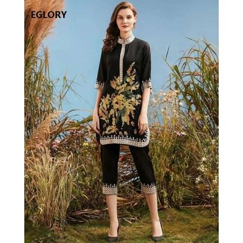 Top Quality Designer Clothing Sets Women Luxurious Embroidery Long Tops Coat+Skinny Leggings Pants & Capris Set Female XXXXL