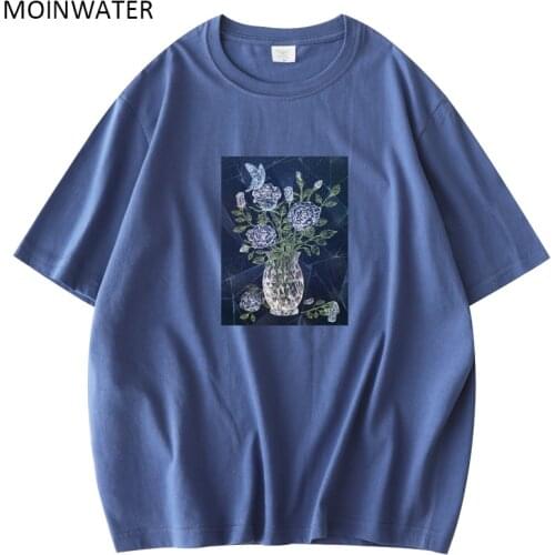 MOINWATER Blue Flower Pattern Women T shirts 100% Cotton Lady Streetwear Tees Tops for Summer MT21050