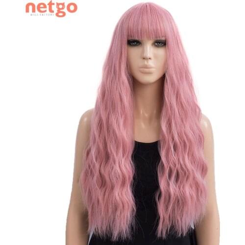 Netgo Long Water Wavy Synthetic Wigs with Bangs Pink/Blonde/Black/Red Wig Heat Resistant Fiber Wig for Women Cosplay Daily Wear