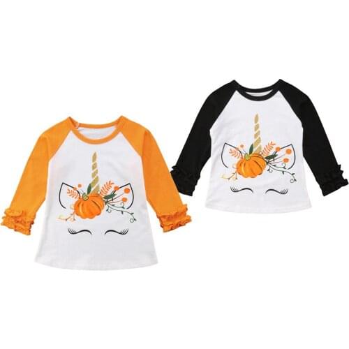 Baby Girls Halloween Clothes Long Sleeve Pumpkin Cartoon T-Shirt Ruffle Patchwork Pullover Spring Autumn Casual Tops