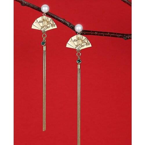 Simple Elegant Fan Tassel Earrings Fashion Party Jewelry Accessories Chinese Style Trendy Charms Cute Pearl Long Ears