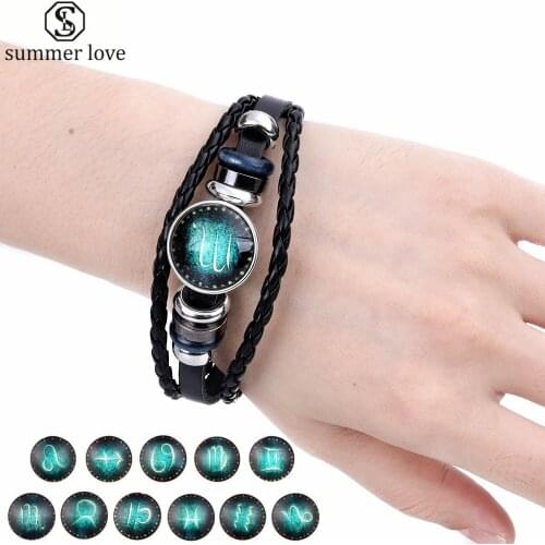 12PCS Alloy Buckles Vintage Leather 12 Constellations Bracelets Men Zodiac Signs Multilayer Beads Bracelet Handmade Punk Jewelry