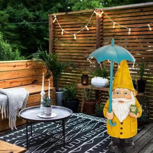Garden Gnome Statue Resin Rain Slicker Grandpa Figurine with Solar LED Lights Outdoor Decorations for Patio Yard Lawn Porch