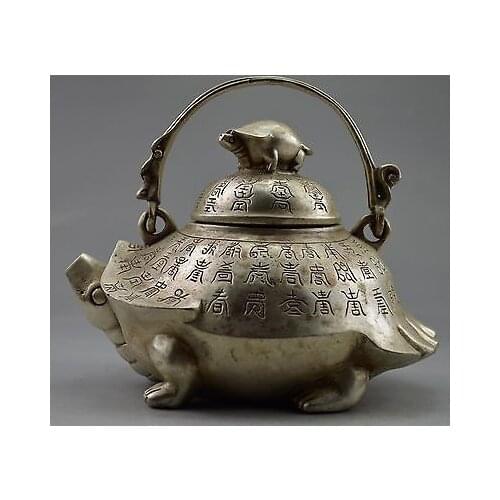 Silver Decorated Old Handwork Tibet Silver Carved Tortoise Big Tea Pot , tools wedding Decoration Brass