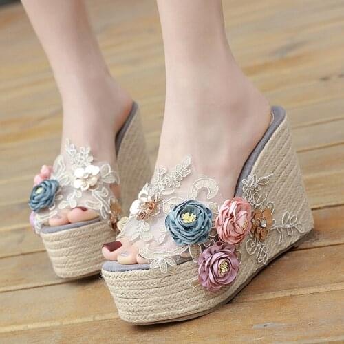One-word slippers summer new fashion handmade lace transparent platform platform sandals wedges with pearl womens shoes