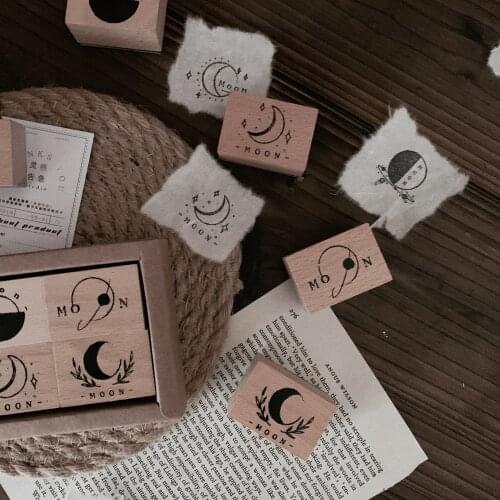 6 Pcs/set Vintage Moon Decoration Stamp Wooden Rubber Stamps for Scrapbooking Stationery DIY Craft Standard Stamp