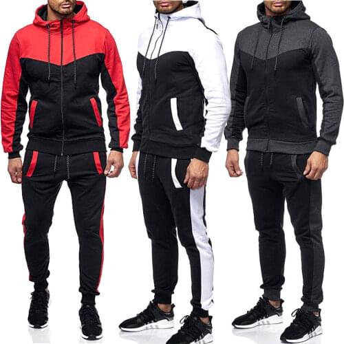 Mens Hooded Tracksuit Sets Sportswear Autumn Winter Zipper Hoodies Sweatshirt+Pants Jogger Suit Patchwork 2Pcs Sport Sets