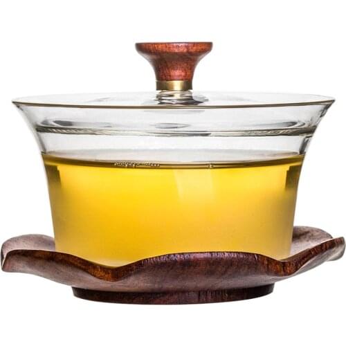 Glass Gaiwan With Wood Tray Japanese Kung Fu Tea Set Vintage Tea Accessories Kungfu Tea Bowl