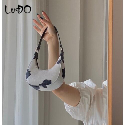 LUCDO Fashion Womens Milk Cow Print Half Moon Women Shoulder Bags Designer Handbags Luxury Pu Leather Messenger Bag