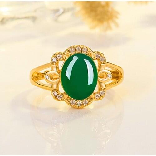 Vintage Fashion Silver Inlaid Hetian Jade Ladies Ring Immortal Flower Green Chalcedony Wedding Jewelry Ladies Gift anillos mujer