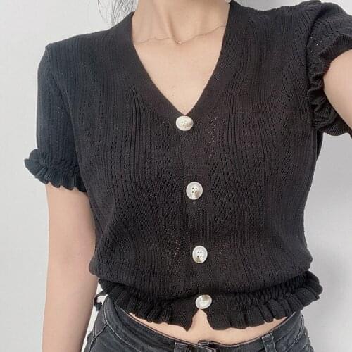Knitted Button Women T Shirt Short Sleeve Casual Fashion V Neck T Shirts 2021 Streetwear Elegant Ruffle Solid Women T Shirt
