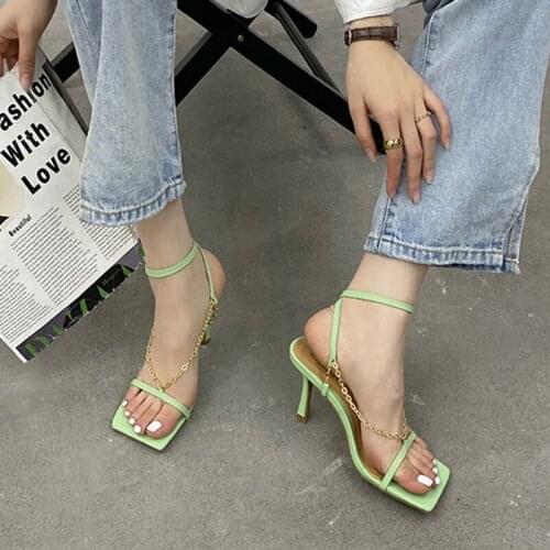 2021 New Women Sandals Thin High Heels Elegant Ladies Pumps Shoes Fashion Chain Narrow Band Gladiator Sandals Shoes