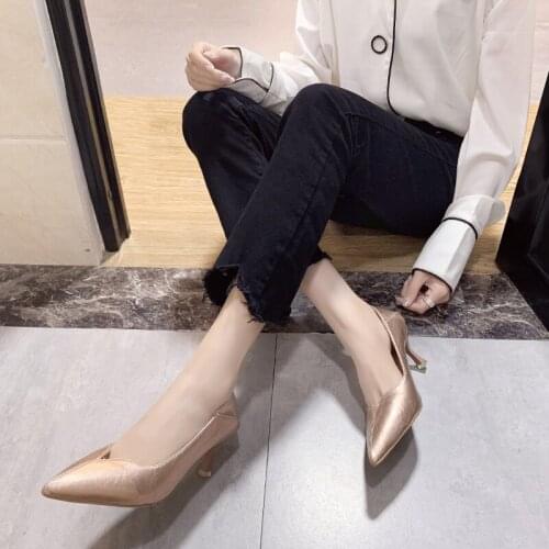 2020 Women Dress Shoes Wnew Office Thin Heels Pointed Toe Wild Basic Wild Slip-On Owens High-heeled Shoes High (5cm-8cm) W32-20