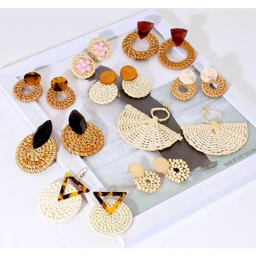 Korean Style Fashion Handmade Natural Wooden Straw Woven Vine Rattan Earrings For Women 2019 Boho Geometric Acrylic Drop Earring