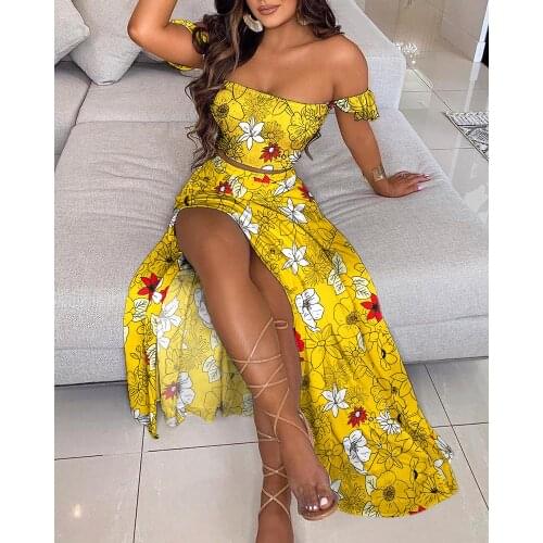 Sexy Off Shoulder Floral Print Ruffles Yellow Crop Top Summer Clothes High Slit Maxi Dresses Beach Skirt Two Piece Set Women