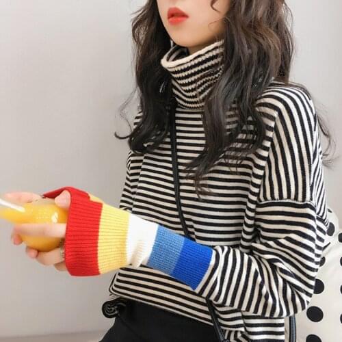 New Korean Harajuku Clothing For Women Casual Loose Wild Striped Sweater Rainbow Sleeve Turtleneck Pullovers
