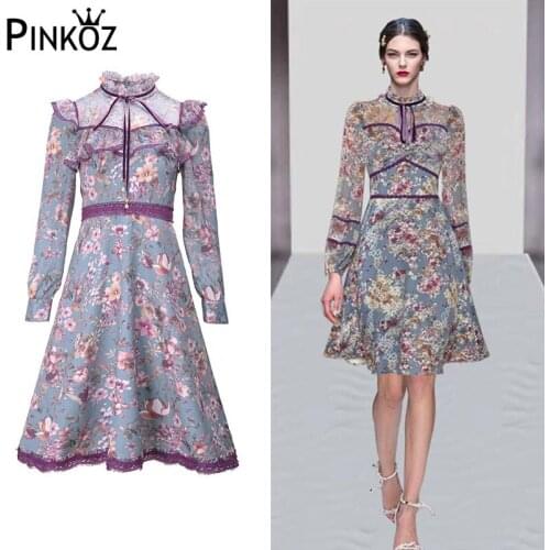 Pinkoz Fashion Runway Summer Dress Women Lace Bow tie Lace Patchwork Floral print Ladies Elegant Vintage Mini Dress Vestidos