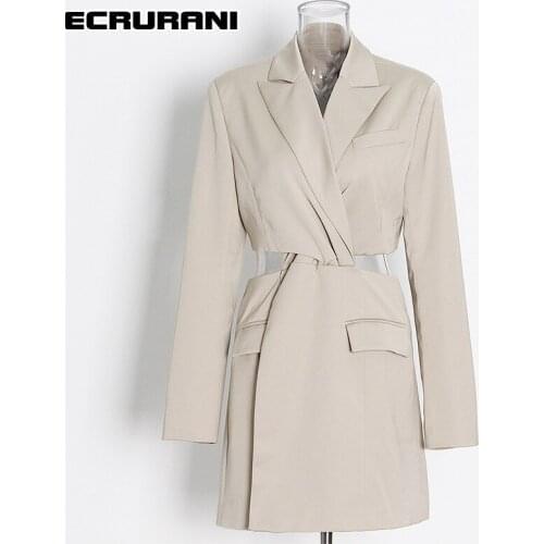 ECRURANI Elegant Solid Hollow Out Dress For Women Notched Long Sleeve High Waist A Line Zipper Mini Dresses Females 2021 Stylish
