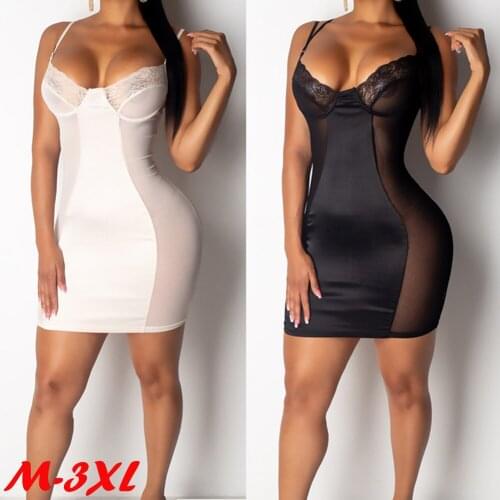 Women Sleeveless Bodycon Sexy Dress Club Short Mini Dress Lace V Neck See Through Nightdress Black White Femme Les robe