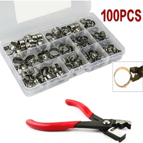 100 Pieces 5.3-15.3mm 304 Stainless Steel Single Ear Stepless Hose Clamps with Pincers Kit Wood Working Clamps Hose Clamp