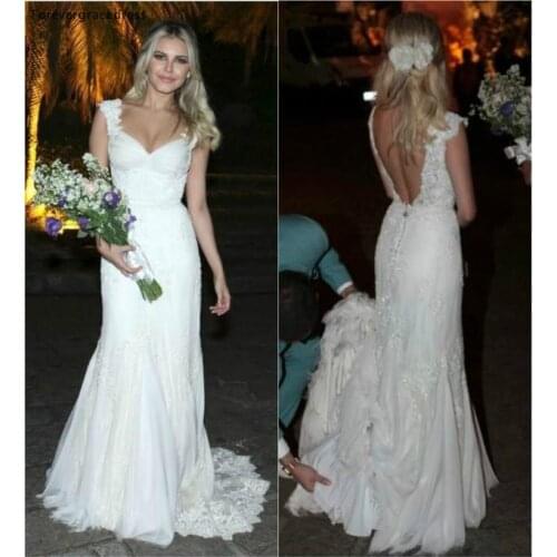 Boho Sexy Back Lace Mermaid Wedding Dress Cap Sleeves Backless Garden Summer Formal Bridal Gown Plus Size Custom Made