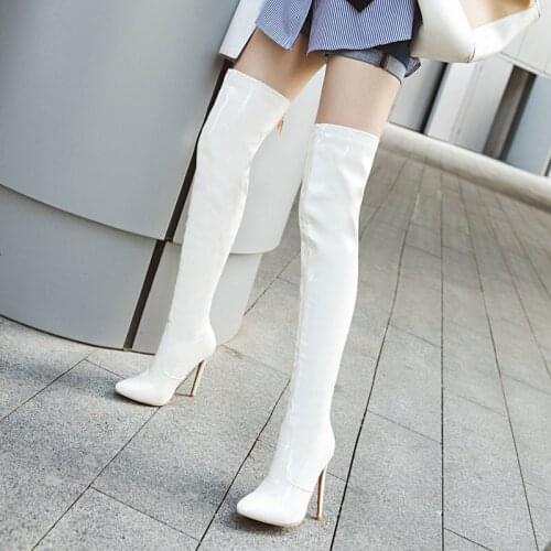 Patent Leather High Boots Ladies Autumn Winter Fashion Metal Zipper Knight Boots Large Size Sexy Stiletto High Heel Women Shoes