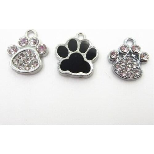 Hot selling 30pcs/lot Mix 3 Designs Crystal Dog Paw Dangle Charms lobster clasp Hanging Charm DIY Jewelry Accessories Charms