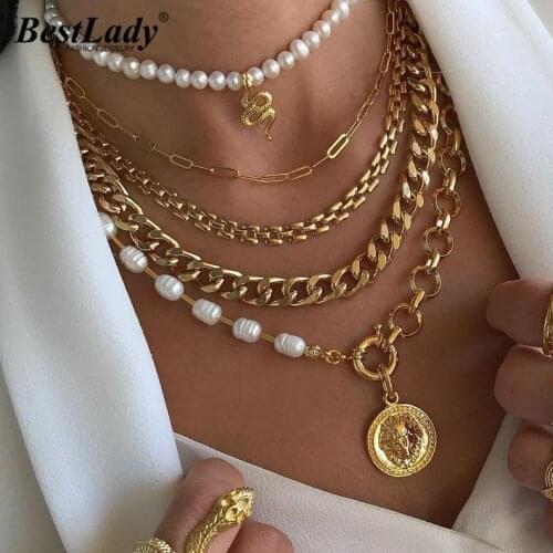 Best Lady Metal Maxi Gold Color Pendant Necklaces Sets for Women Punk Stone Heart Letter Link Chain Necklaces Fashion Jewelry