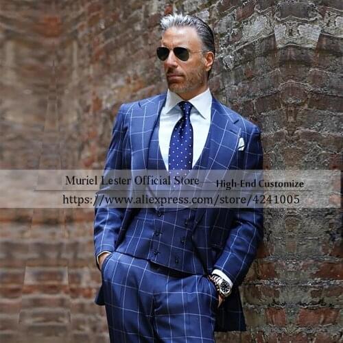 Handsome Business Plaid Check Men Suits Blazers 3 Pieces Blue Formal Party Gowns Peaked Laepl Single Breasted Jacket+Vest+Pants