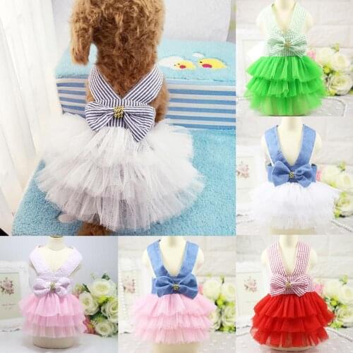 Pet Dog Fashion Striped Bowknot Straps Tulle Dress Summer Puppy Clothes