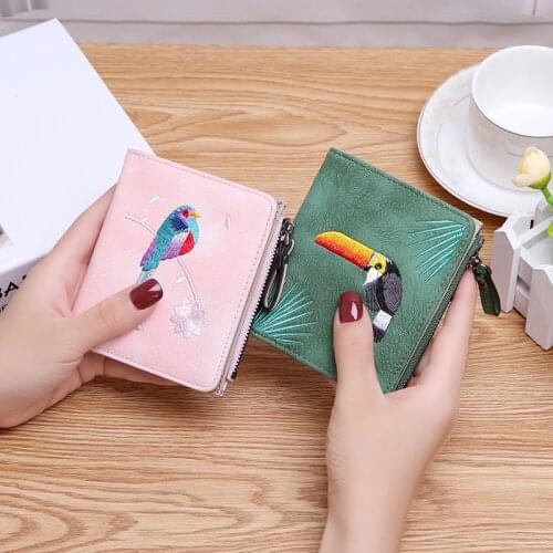 Fashion Bird Embroidered Wallet 2 Folding Purse for Women Girls Small Hasp Slim Coin Pocket Purse Female Designer Wallets