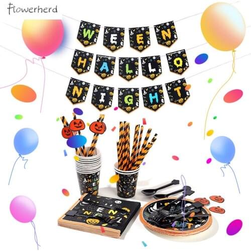 Halloween Night Decorations Party Supplies Tableware Set Disposable Plates Napkins Knives Forks Spoons Disposable Dinnerware Set