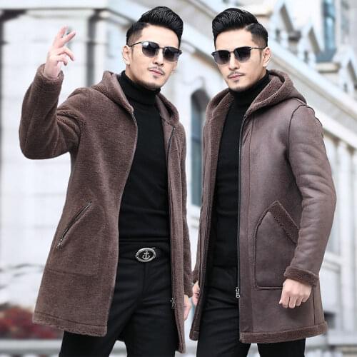 2020 New Men Winter Two Side Wear Male Real Lamb Fur Jacket Man Hooded Sheep Shearling Genuine Leather Mid-long Overcoat Z163