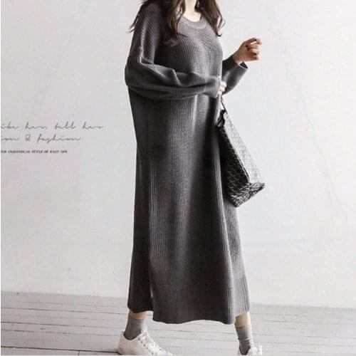 New Autumn Vintage Knit Dress Woman Gray Chic O-neck Elegant Long Sweater Dress Vestido Feminino Winter Loose Knitwear Harujuku