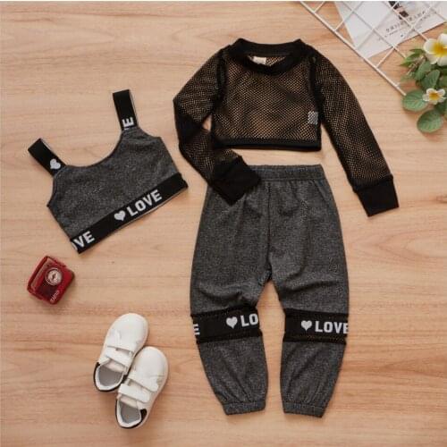 New Girl’s T-shirt & Vest and Trousers Suit Fashion Mesh Long Sleeve Tops & Letter Ribbon Camisole and Long Pants